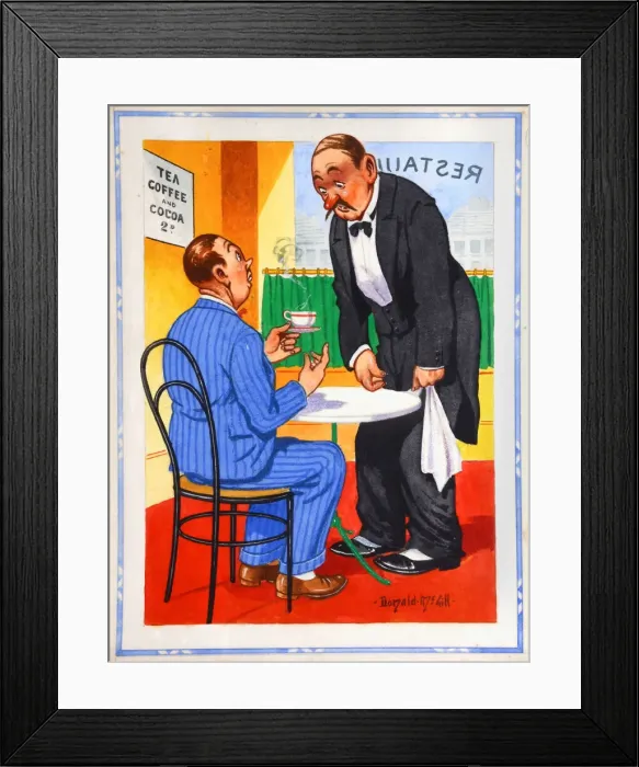Framed Print : Comic postcard, Customer and waiter in restaurant Framed Print : Comic postcard, Customer and waiter in restaurant