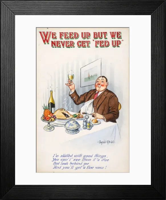Framed Print : Comic postcard, Happy diner in restaurant Date: 20th century Framed Print : Comic postcard, Happy diner in restaurant Date: 20th century