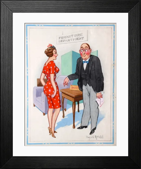 Framed Print : Comic postcard, Customer in Furniture Department Framed Print : Comic postcard, Customer in Furniture Department