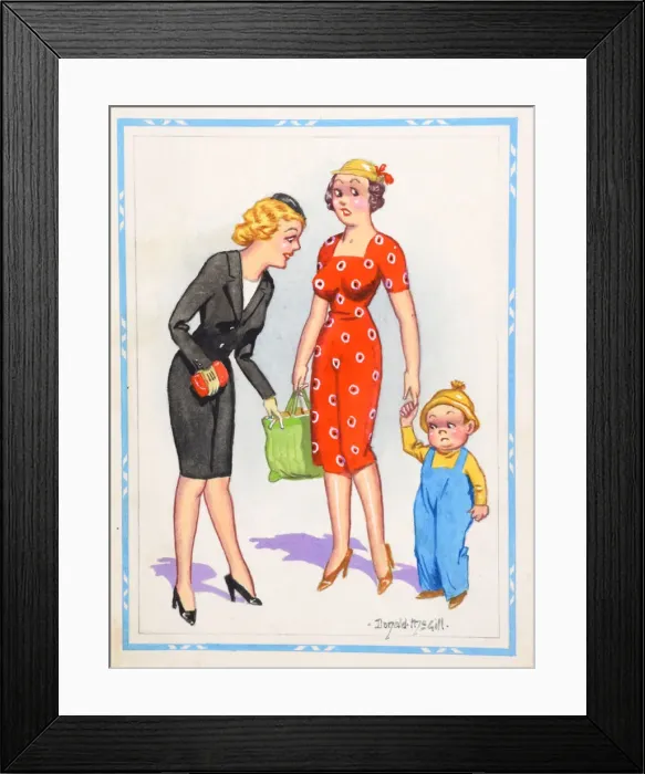 Framed Print : Comic postcard, Two women and a little boy Framed Print : Comic postcard, Two women and a little boy
