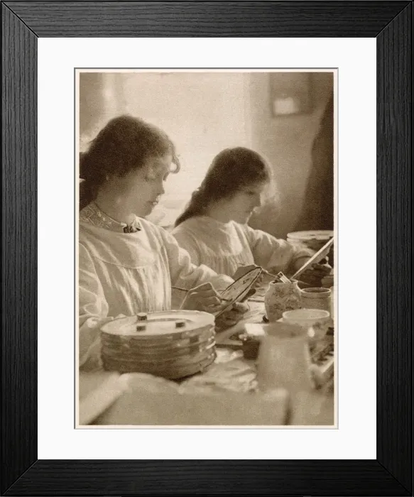 Framed Print : Young women painting plates, this would of been done in several stages. Date: 1913 Framed Print : Young women painting plates, this would of been done in several stages. Date: 1913