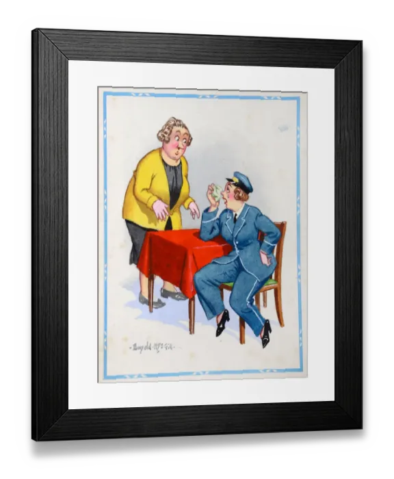 Framed Print : Comic postcard, Two women chatting - one of them in tears Framed Print : Comic postcard, Two women chatting - one of them in tears