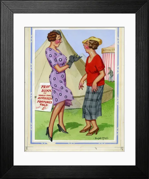 Framed Print : Comic postcard, Two women at a fairground, near the fortune tellers tent Date