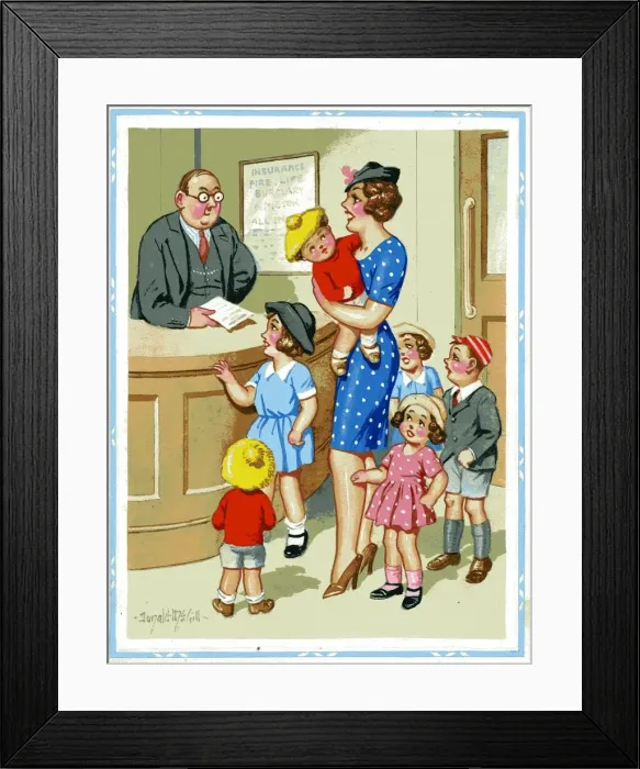 Framed Print : Comic postcard, Woman with six children Framed Print : Comic postcard, Woman with six children