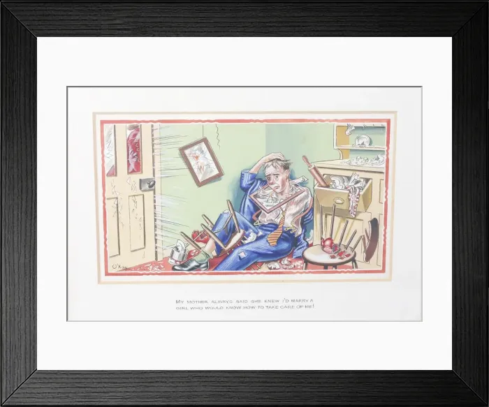Framed Print : Comic postcard, Husband sitting on the floor, surrounded by debris Framed Print : Comic postcard, Husband sitting on the floor, surrounded by debris