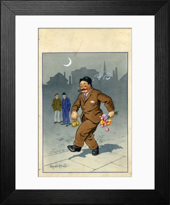 Framed Print : Comic postcard, Drunken man with parcel and bunch of flowers in the moonlight Date Framed Print : Comic postcard, Drunken man with parcel and bunch of flowers in the moonlight Date
