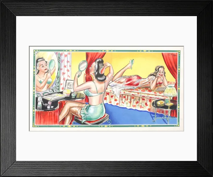 Framed Print : Comic postcard, Two women chatting in a bedroom Date: 20th century Framed Print : Comic postcard, Two women chatting in a bedroom Date: 20th century
