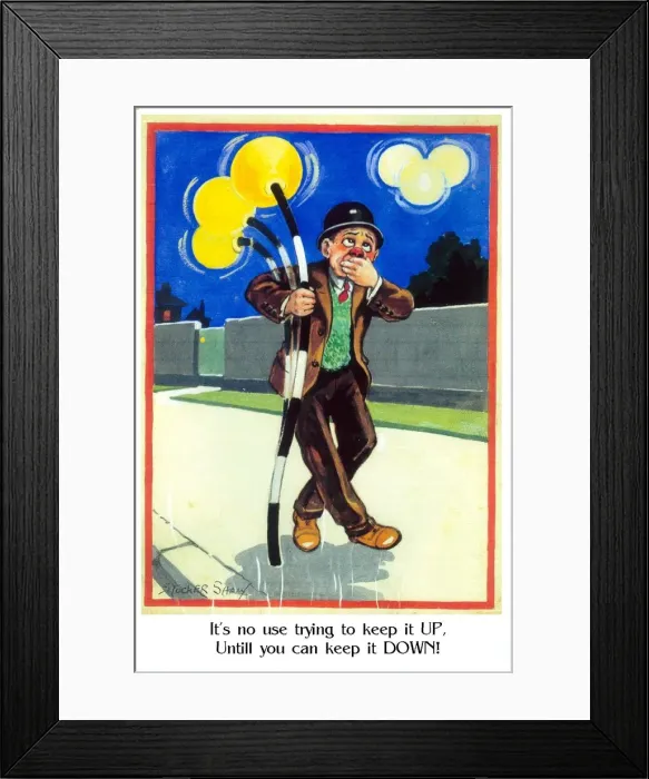 Framed Print : Comic postcard, Drunken man in the street, hanging onto a belisha beacon Framed Print : Comic postcard, Drunken man in the street, hanging onto a belisha beacon