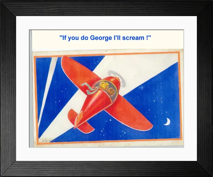 Framed Print : Comic postcard, Couple flying in a monoplane at night, with searchlights across the sky Framed Print : Comic postcard, Couple flying in a monoplane at night, with searchlights across the sky