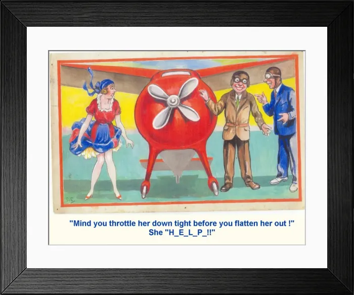Framed Print : Comic postcard, Couple about to fly in a monoplane - alarming advice from an expert pilot Framed Print : Comic postcard, Couple about to fly in a monoplane - alarming advice from an expert pilot