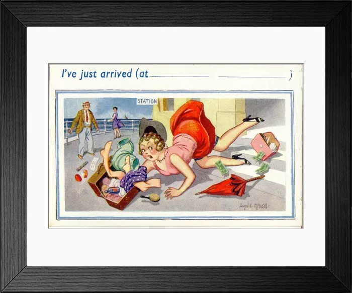 Framed Print : Comic postcard, I ve just arrived - young woman at the seaside Date: 20th century Framed Print : Comic postcard, I ve just arrived - young woman at the seaside Date: 20th century