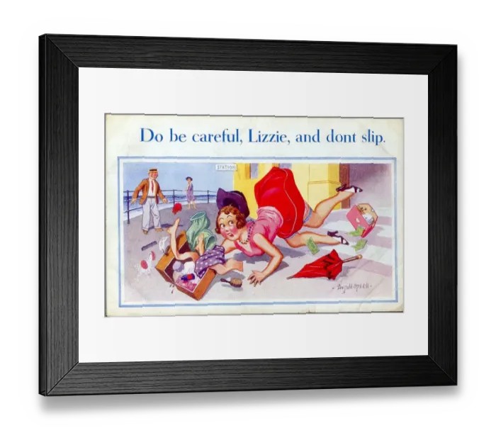 Framed Print : Comic postcard, Young woman arrives at the seaside Date: 20th century Framed Print : Comic postcard, Young woman arrives at the seaside Date: 20th century