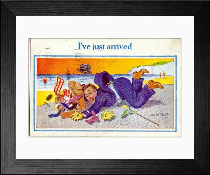 Framed Print : Comic postcard, I ve just arrived - Man arrives at the seaside Date: 20th century Framed Print : Comic postcard, I ve just arrived - Man arrives at the seaside Date: 20th century