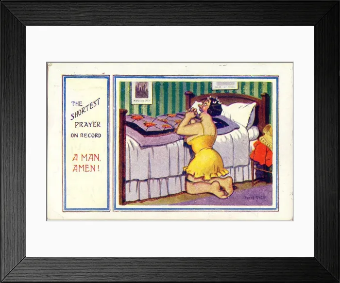 Framed Print : Comic postcard, The shortest prayer on record Framed Print : Comic postcard, The shortest prayer on record
