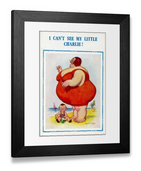 Framed Print : Comic postcard - plump woman on beach - I Can t See My Little Charlie Date Framed Print : Comic postcard - plump woman on beach - I Can t See My Little Charlie Date