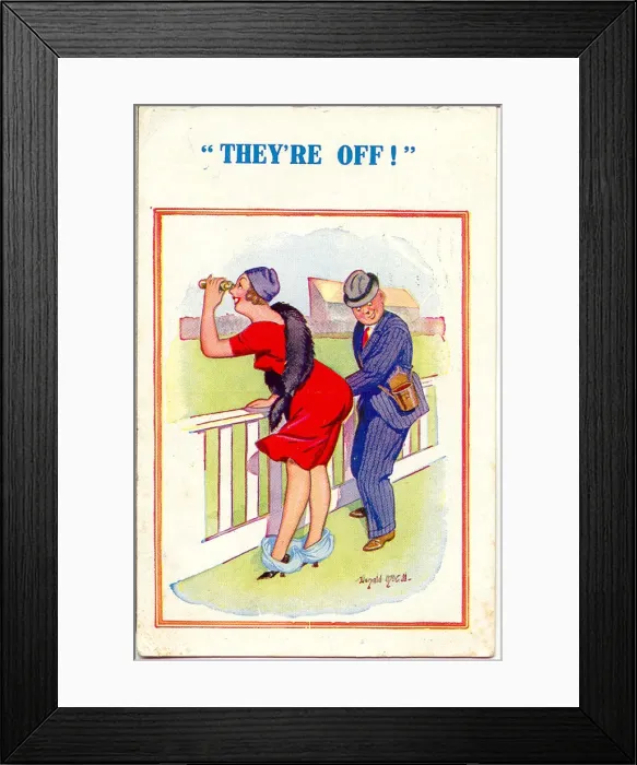 Framed Print : Comic postcard, couple at the races - They re Off Framed Print : Comic postcard, couple at the races - They re Off