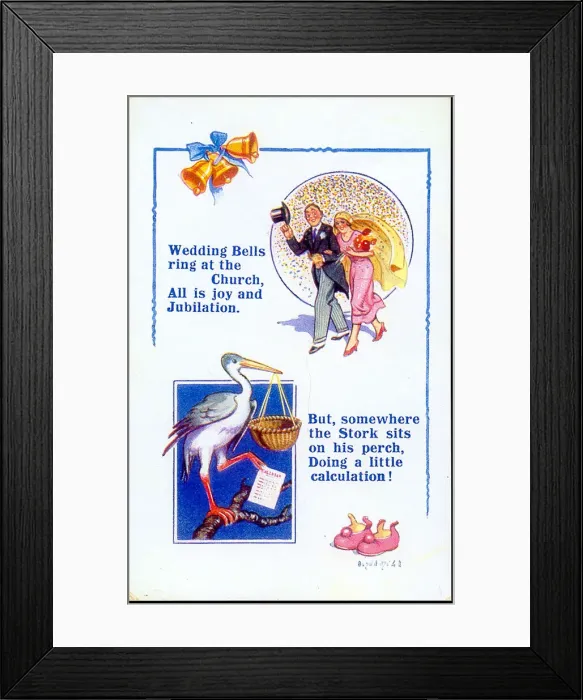 Framed Print : Comic postcard, Couple getting married. Wedding bells ring at the church Framed Print : Comic postcard, Couple getting married. Wedding bells ring at the church
