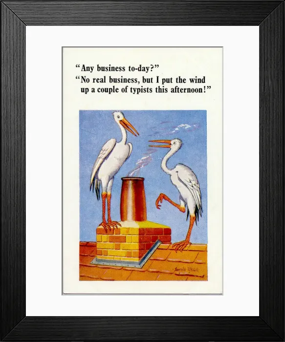 Framed Print : Comic postcard, two storks on a roof Framed Print : Comic postcard, two storks on a roof