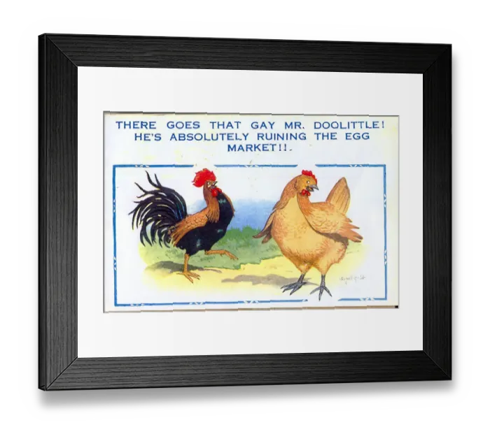Framed Print : Comic postcard, Cockerel and hen Framed Print : Comic postcard, Cockerel and hen
