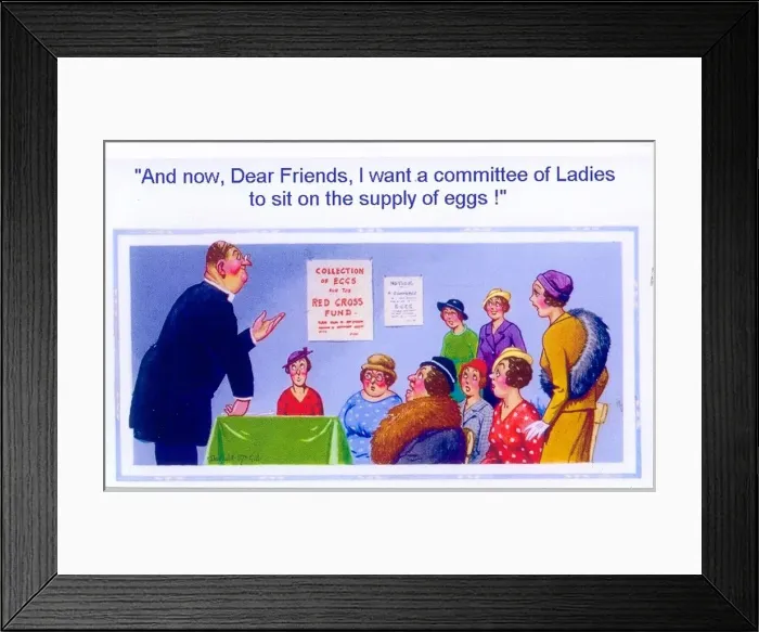 Framed Print : Comic postcard, Vicar with group of women Date: 20th century Framed Print : Comic postcard, Vicar with group of women Date: 20th century