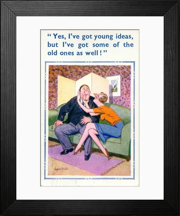 Framed Print : Comic postcard, Middle aged couple on a sofa Framed Print : Comic postcard, Middle aged couple on a sofa