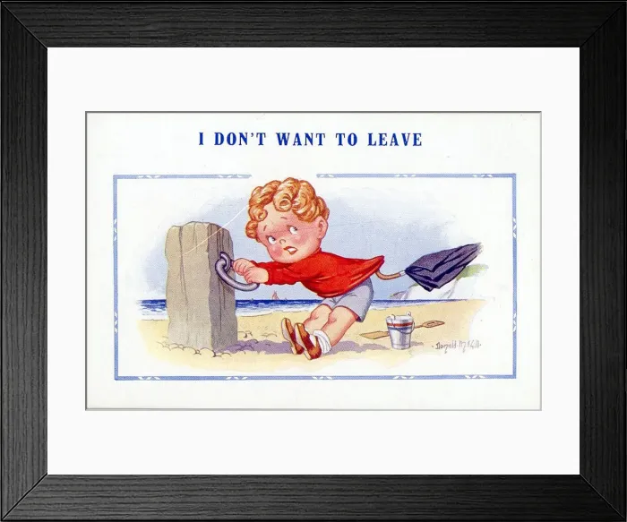 Framed Print : Comic postcard, Little boy clinging to post on the beach Date: 20th century Framed Print : Comic postcard, Little boy clinging to post on the beach Date: 20th century