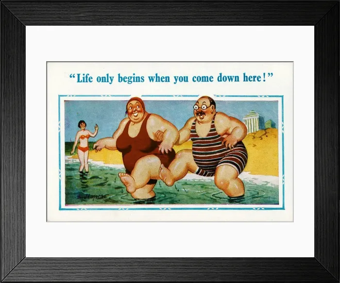 Framed Print : Comic postcard, Plump couple paddling in the sea Framed Print : Comic postcard, Plump couple paddling in the sea
