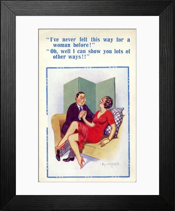 Framed Print : Comic postcard, Couple on a sofa Framed Print : Comic postcard, Couple on a sofa