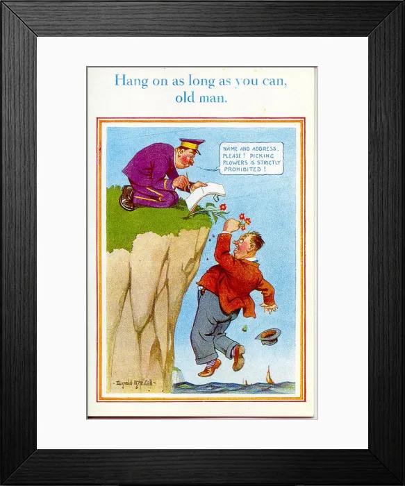 Framed Print : Comic postcard, Man hanging off the edge of a cliff Date: 20th century Framed Print : Comic postcard, Man hanging off the edge of a cliff Date: 20th century