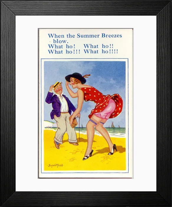 Framed Print : Comic postcard, Couple at the seaside on a windy day Date: 20th century Framed Print : Comic postcard, Couple at the seaside on a windy day Date: 20th century