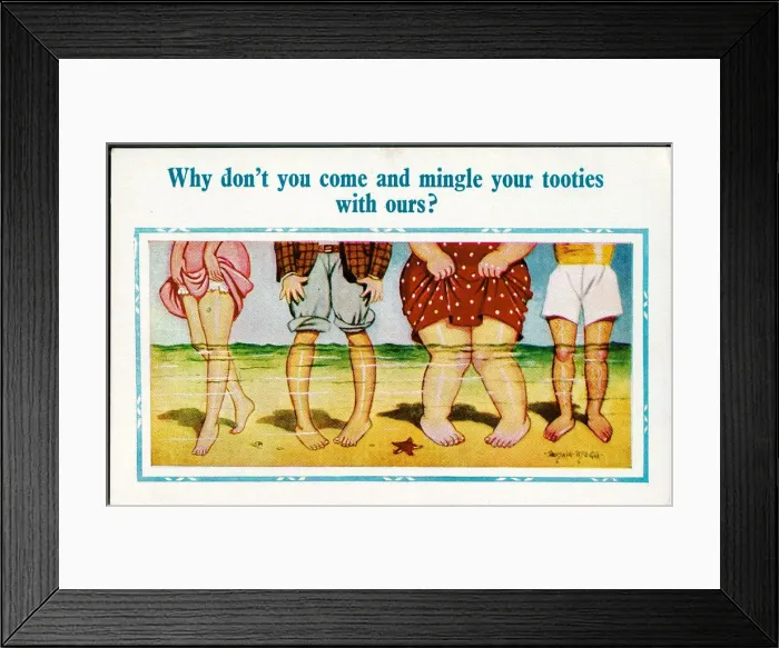 Framed Print : Comic postcard, Four pairs of legs paddling in the sea Framed Print : Comic postcard, Four pairs of legs paddling in the sea