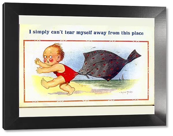 Comic postcard, Little boy held by fish on the beach
