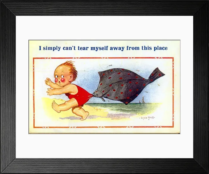 Framed Print : Comic postcard, Little boy held by fish on the beach Framed Print : Comic postcard, Little boy held by fish on the beach