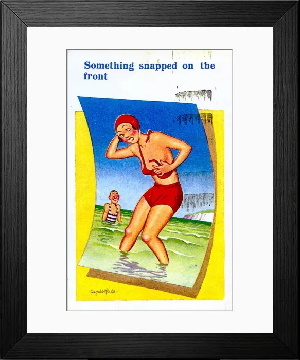 Framed Print : Comic postcard, Woman in red bikini at the seaside Framed Print : Comic postcard, Woman in red bikini at the seaside