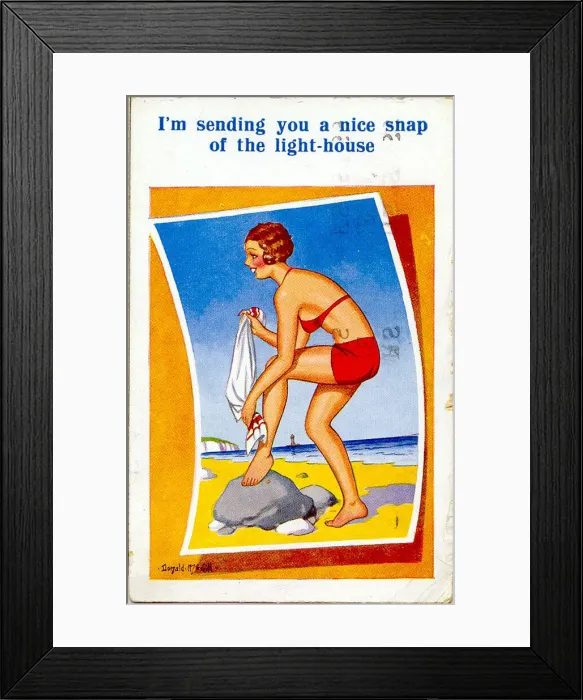 Framed Print : Comic postcard, Woman in red bikini at the seaside Date: 20th century Framed Print : Comic postcard, Woman in red bikini at the seaside Date: 20th century