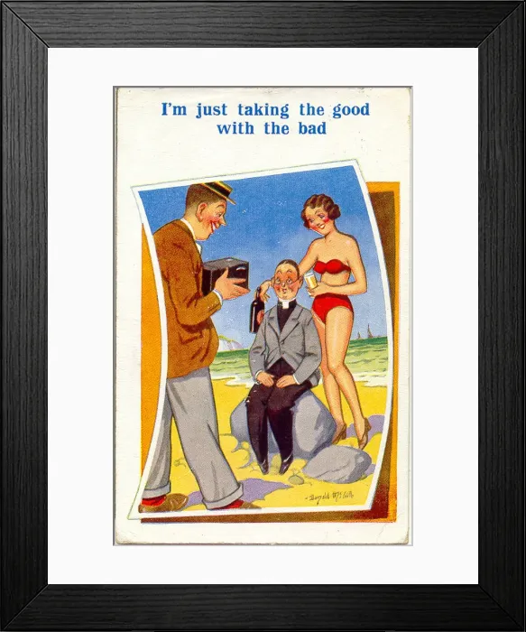 Framed Print : Comic postcard, Woman in red bikini at the seaside Framed Print : Comic postcard, Woman in red bikini at the seaside