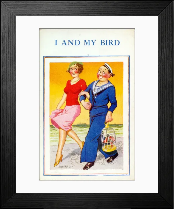Framed Print : Comic postcard, Sailor and girlfriend at the seaside Framed Print : Comic postcard, Sailor and girlfriend at the seaside