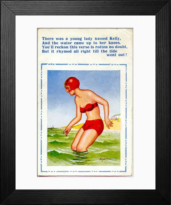 Framed Print : Comic postcard, Woman in red bikini at the seaside Framed Print : Comic postcard, Woman in red bikini at the seaside