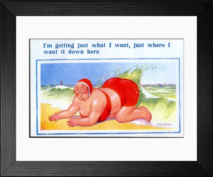 Framed Print : Comic postcard, Large woman in red bikini at the seaside Framed Print : Comic postcard, Large woman in red bikini at the seaside