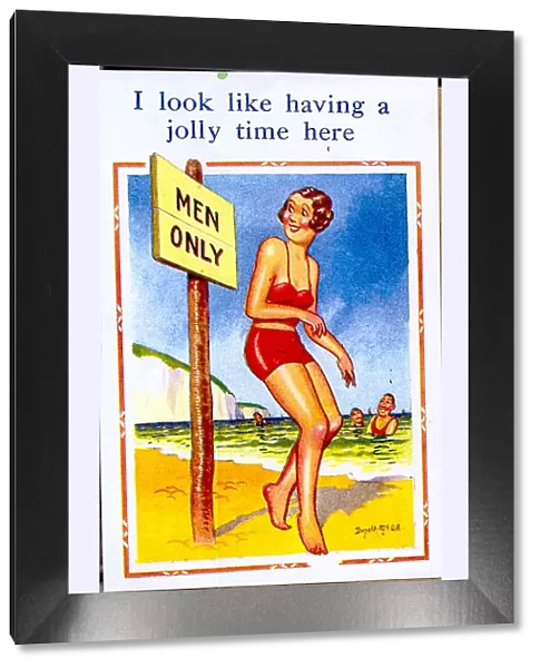 Comic postcard, Woman in red bikini at the seaside - Men Only Date: 20th century