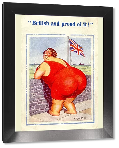 Comic postcard, Large woman in red swimsuit at the seaside