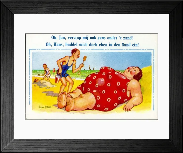 Framed Print : Comic postcard, Large woman in red swimsuit on the beach Framed Print : Comic postcard, Large woman in red swimsuit on the beach