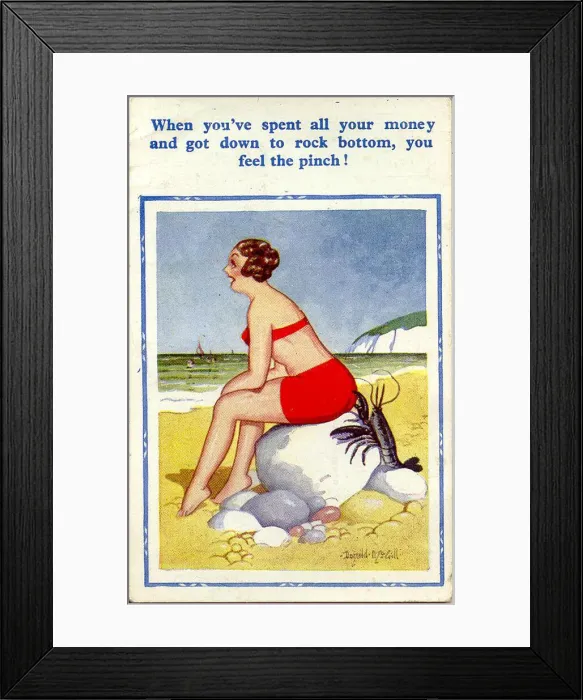 Framed Print : Comic postcard, Woman in red bikini at the seaside Date: 20th century Framed Print : Comic postcard, Woman in red bikini at the seaside Date: 20th century