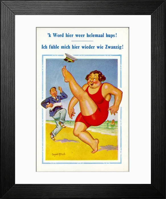 Framed Print : Comic postcard, Large woman in red swimsuit on the beach Framed Print : Comic postcard, Large woman in red swimsuit on the beach