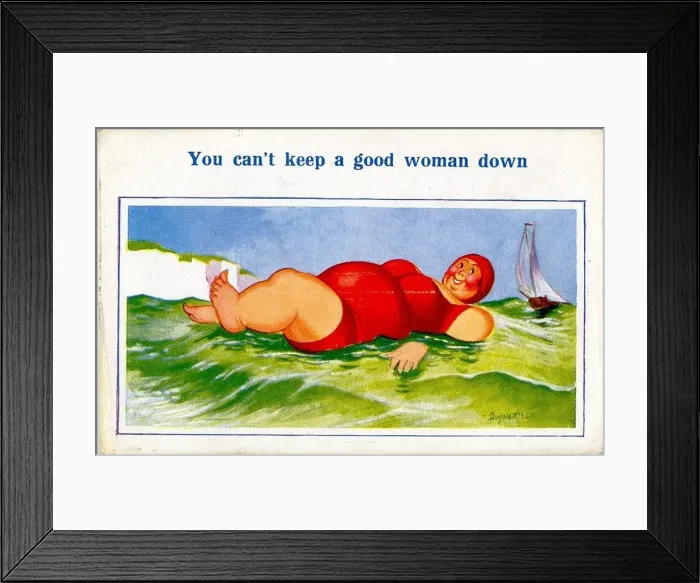 Framed Print : Comic postcard, Large woman in red swimsuit at the seaside Date: 20th century Framed Print : Comic postcard, Large woman in red swimsuit at the seaside Date: 20th century