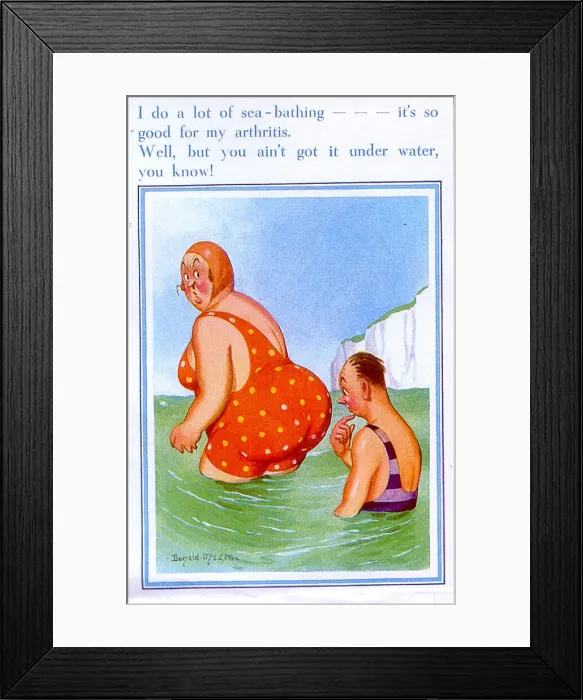 Framed Print : Comic postcard, Large woman in red swimsuit in the sea Framed Print : Comic postcard, Large woman in red swimsuit in the sea