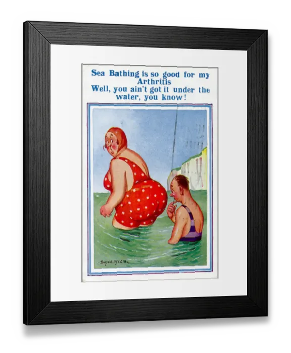 Framed Print : Comic postcard, Large woman in red swimsuit in the sea - arthritis Date: 20th century Framed Print : Comic postcard, Large woman in red swimsuit in the sea - arthritis Date: 20th century