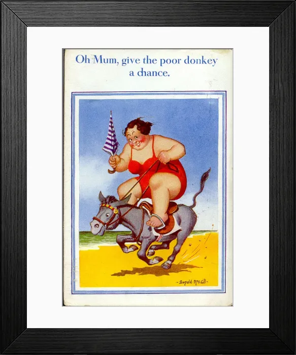 Framed Print : Comic postcard, Plump woman riding donkey on beach Framed Print : Comic postcard, Plump woman riding donkey on beach