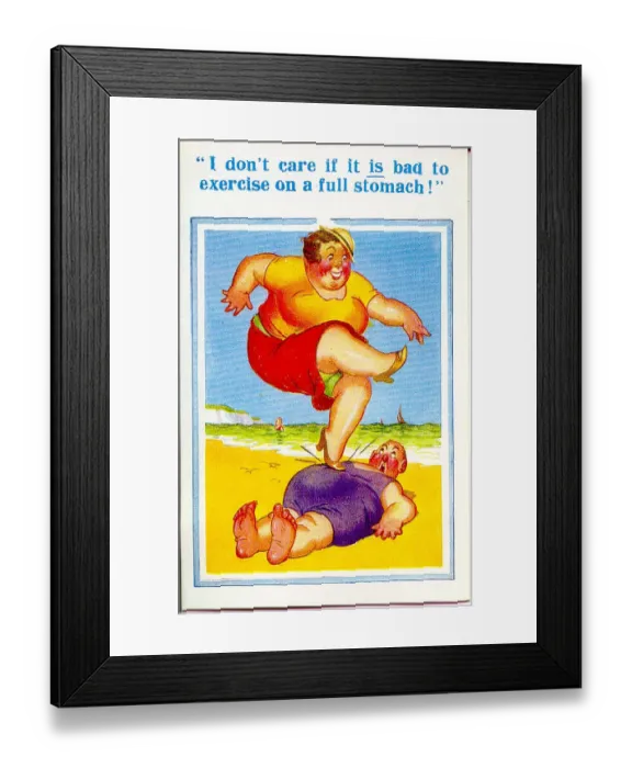 Framed Print : Comic postcard, Plump couple on the beach Framed Print : Comic postcard, Plump couple on the beach
