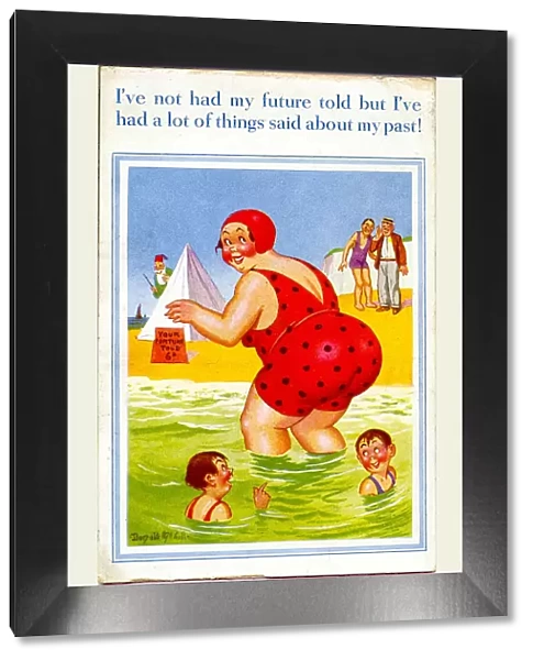 Comic postcard, Large woman paddling in the sea Date: 20th century